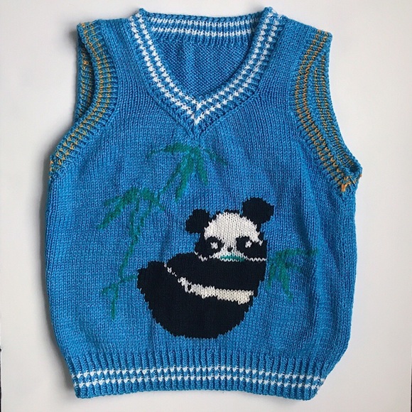 Vintage Hand-knit Panda Sweater Vest in Blue - Picture 1 of 3